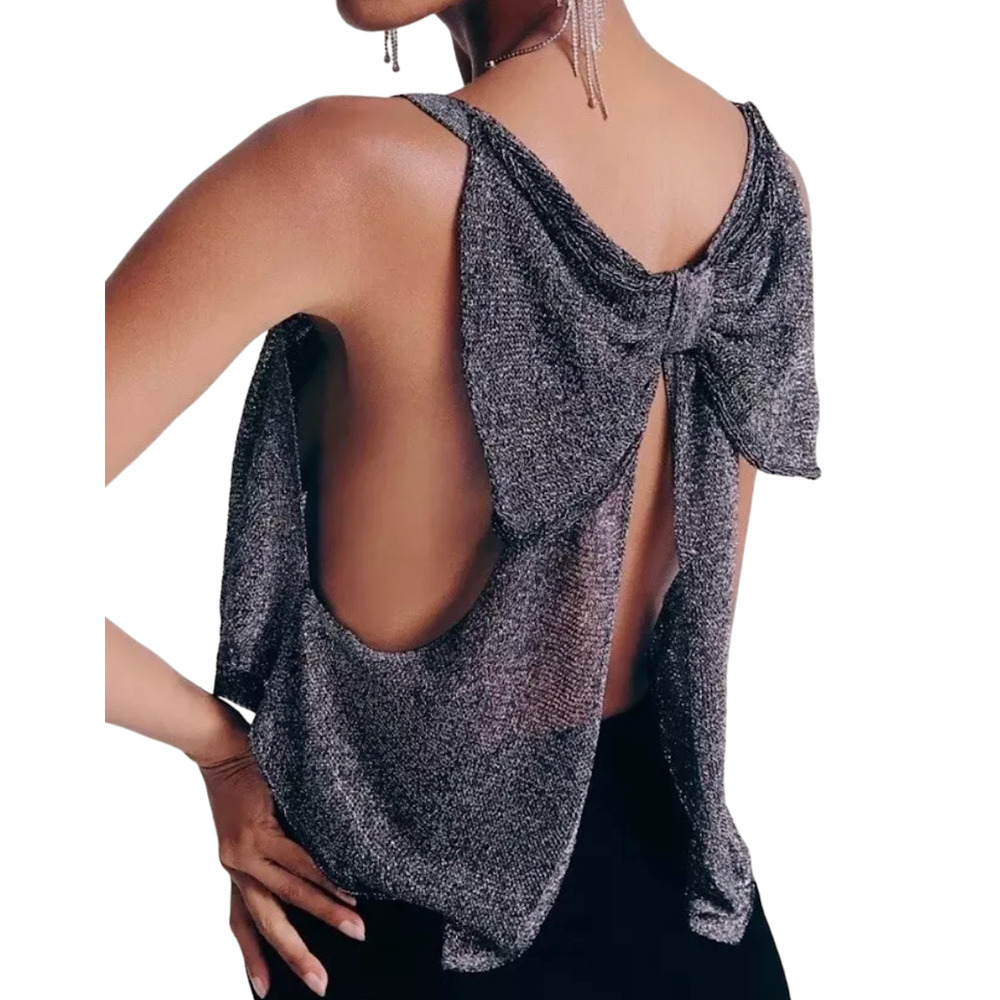 NEW FREE PEOPLE BLACK METALLIC SHIMMER BIG BOW OPEN BACK TANK TOP SIZE LARGE